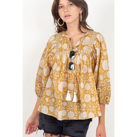 Cleobella Tops - Cleobella Amarilis Honey Mix Block Print Puff Sleeve Blouse